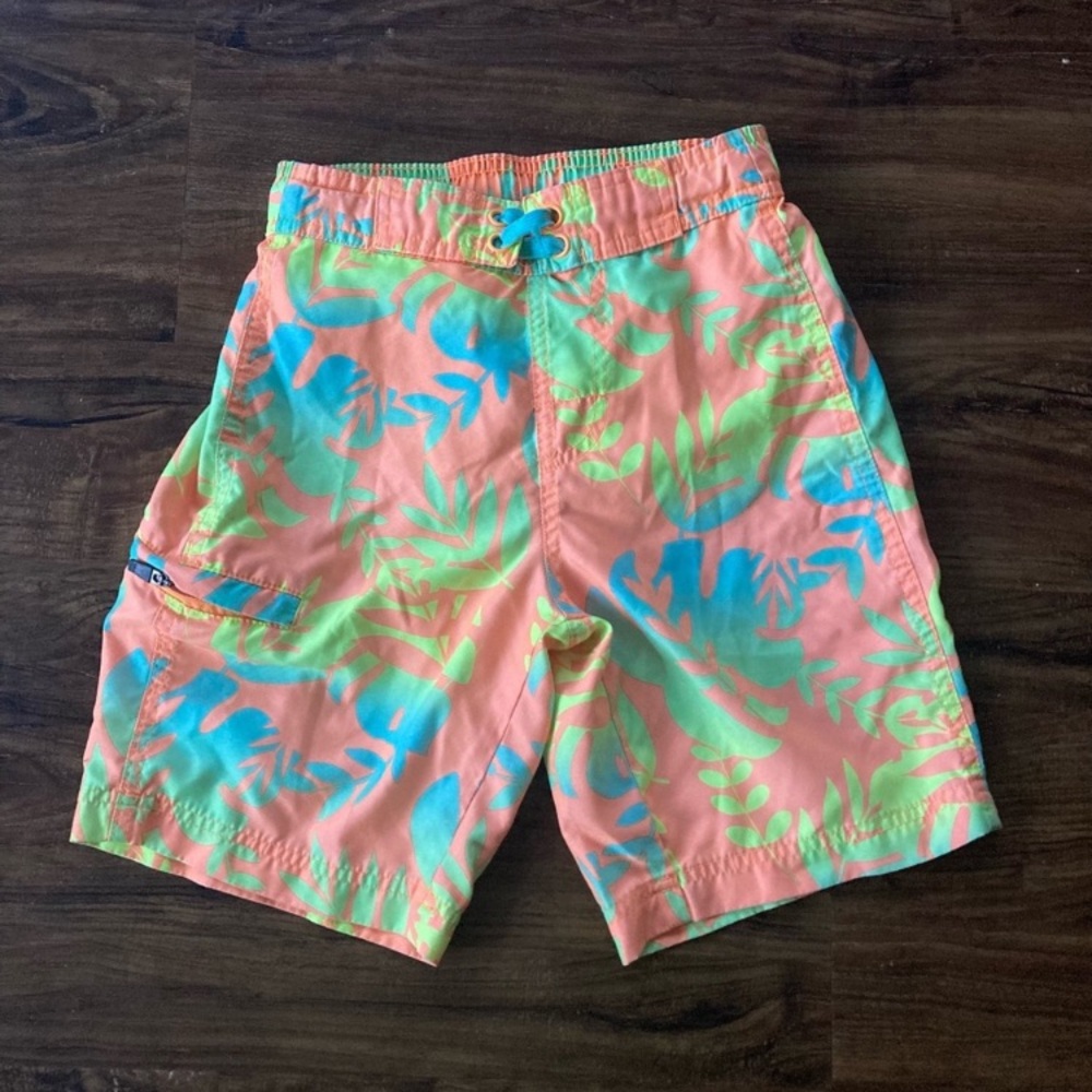 Kids Tropical Print Swim Trunks - Coral and Blue